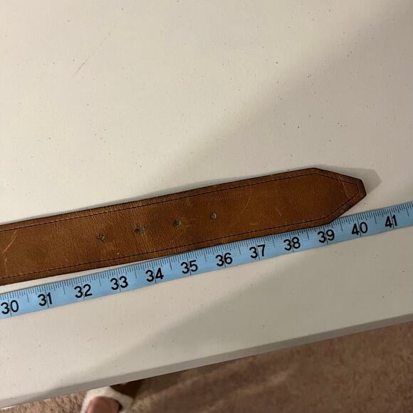 Vintage 90s Soft Tan Genuine Leather Chunky Brass Buckle Belt Size M/L - Picture 8 of 12